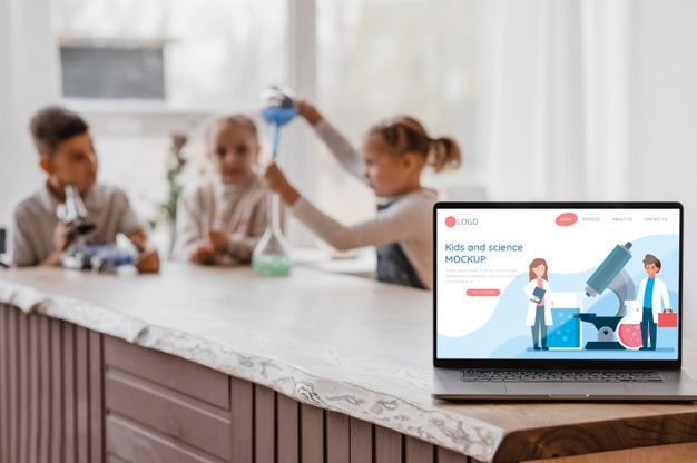 Kids In Science Class With Laptop Mock-Up Psd