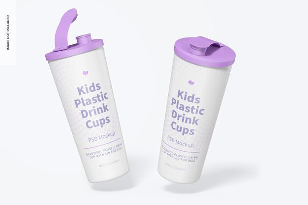Kids Plastic Drink Cup With Lid Mockup, Falling Psd