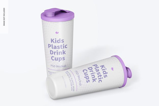Kids Plastic Drink Cup With Lid Mockup, Standing And Dropped Psd