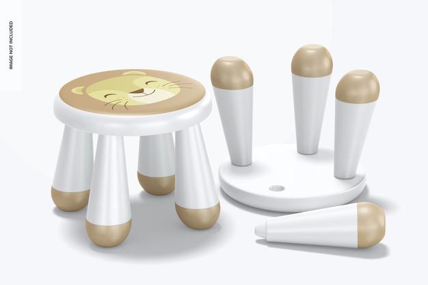 Kids Plastic Stool Mockup, Standing And Dropped Psd