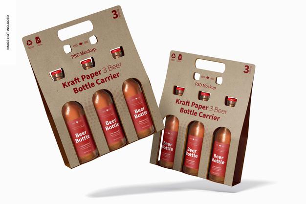 Kraft Paper 3 Beer Bottle Carrier Mockup, Falling Psd