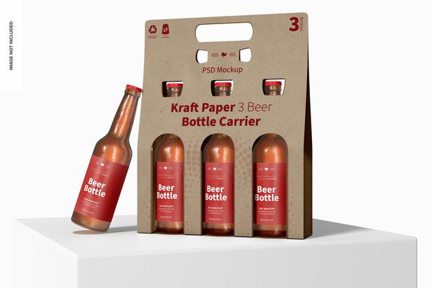 Kraft Paper 3 Beer Bottle Carrier Mockup, On Surface Psd