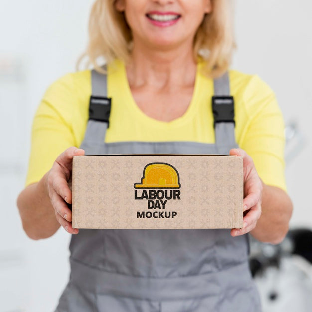 Labour Day Mock-Up Box Held By Woman Psd