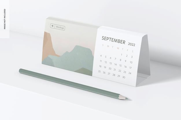 Landscape Table Calendar Mockup, Perspective View Psd