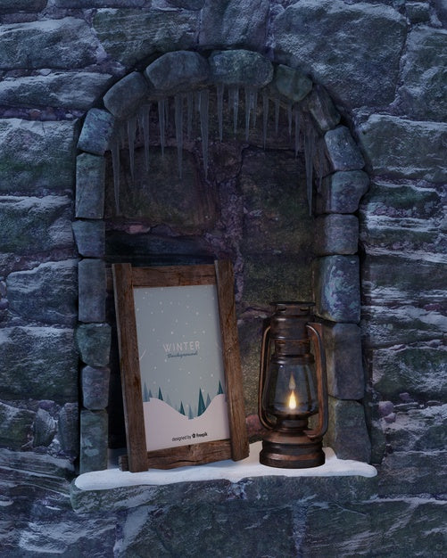 Lantern And Frame On Fireplace Psd