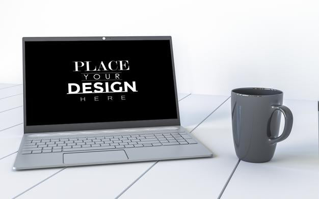 Laptop And Mug On Desk In Workspace Mockup Psd