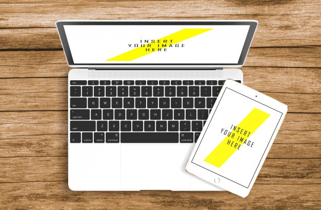 Laptop And Tablet On Wooden Table Mock Up Psd