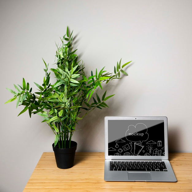 Laptop Device Mock-Up Next To Plant Psd