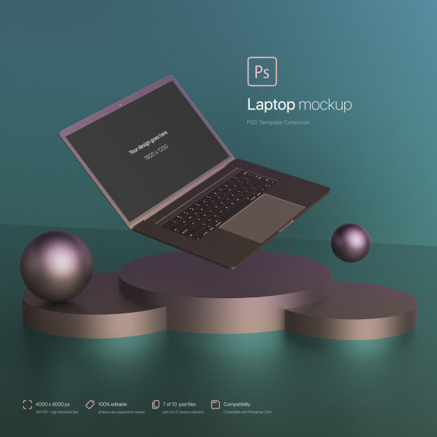 Laptop Floating In An Abstract Environment Mockup Psd
