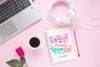 Laptop Headphone And Notebook On Pink Background Psd