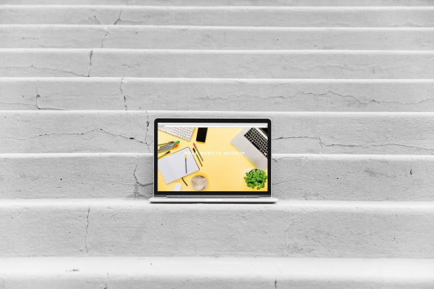 Laptop Mockup On Stairs Psd