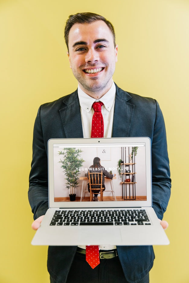 Laptop Mockup With Businessman Psd