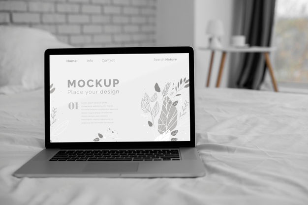 Laptop On Bed Mock Up Psd