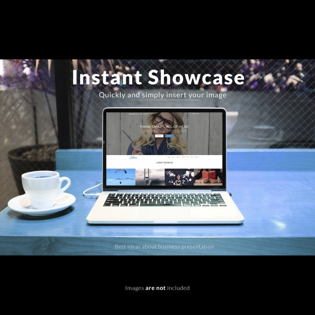 Laptop On Blue Desk Mock Up Psd