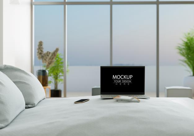 Laptop On Desk In Work Space Mockup Psd