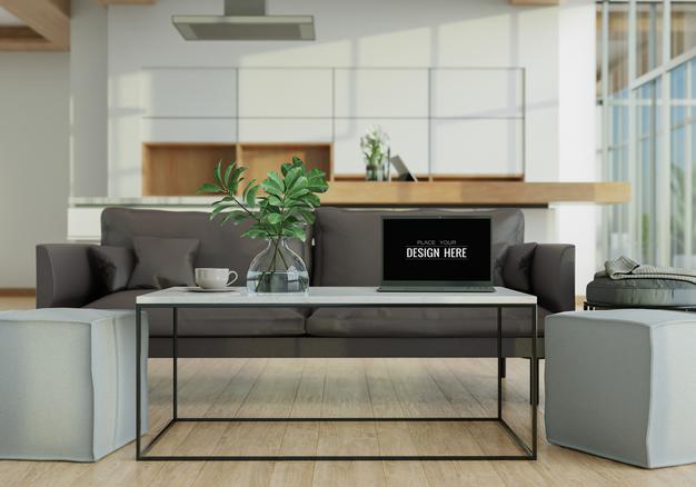 Laptop On Desk In Work Space Mockup Psd