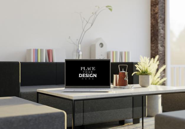 Laptop On Desk In Work Space Mockup Psd