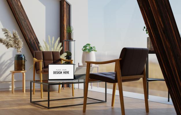 Laptop On Desk In Work Space Mockup Psd