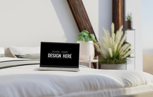 Laptop On Desk In Work Space Mockup Psd