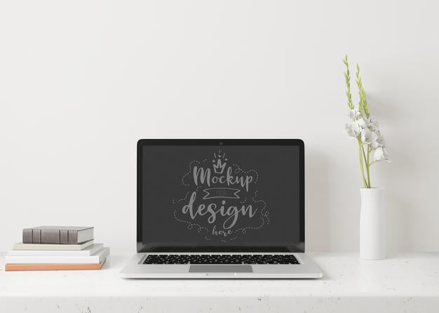 Laptop On Desk In Work Space Mockup Psd