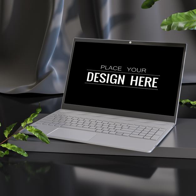 Laptop On Desk In Work Space Mockup Psd