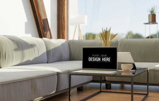 Laptop On Desk In Work Space Mockup Psd