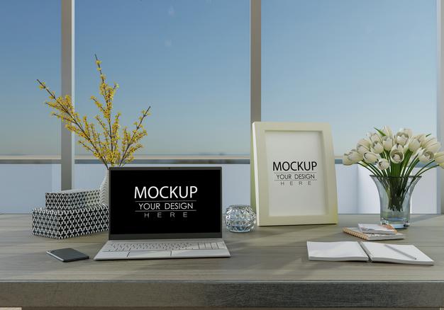 Laptop On Desk In Work Space Mockup Psd
