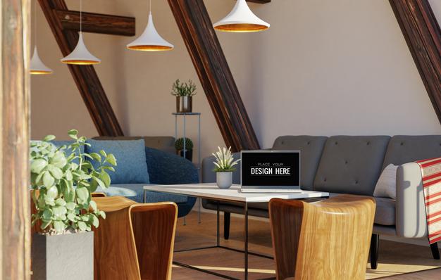 Laptop On Desk In Work Space Mockup Psd