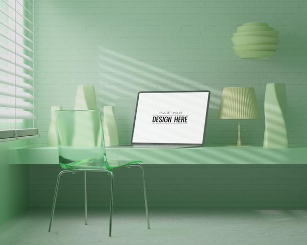 Laptop On Desk In Work Space Mockup Psd