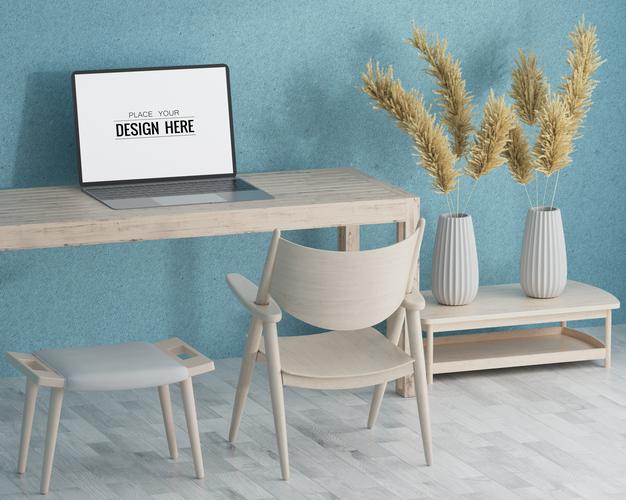 Laptop On Desk In Work Space Mockup Psd