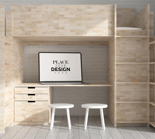 Laptop On Desk In Work Space Psd Mockup Psd