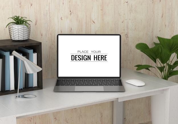 Laptop On Desk In Work Space Psd Mockup Psd