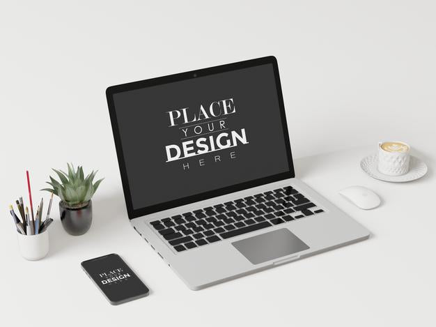 Laptop On Desk In Work Space Psd Mockup Psd