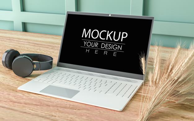 Laptop On Desk In Work Space Psd Mockup Psd