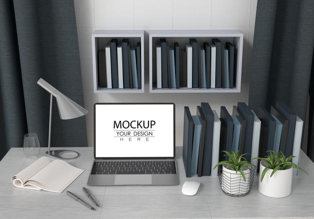 Laptop On Desk In Work Space Psd Mockup Psd