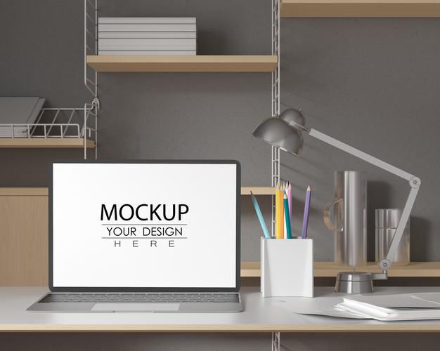 Laptop On Desk In Work Space Psd Mockup Psd