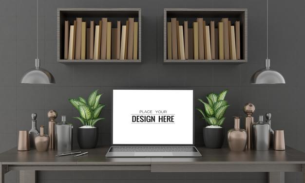 Laptop On Desk In Work Space Psd Mockup Psd