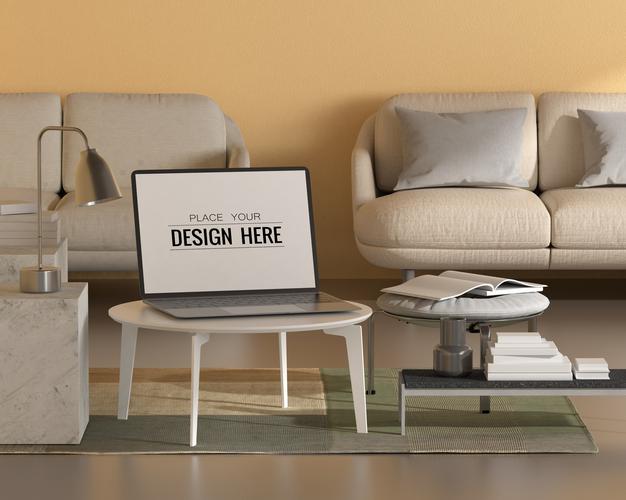 Laptop On Desk In Work Space Psd Mockup Psd