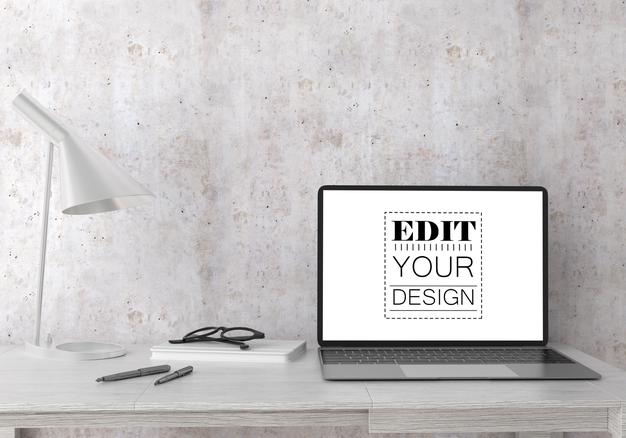 Laptop On Desk In Work Space Psd Mockup Psd