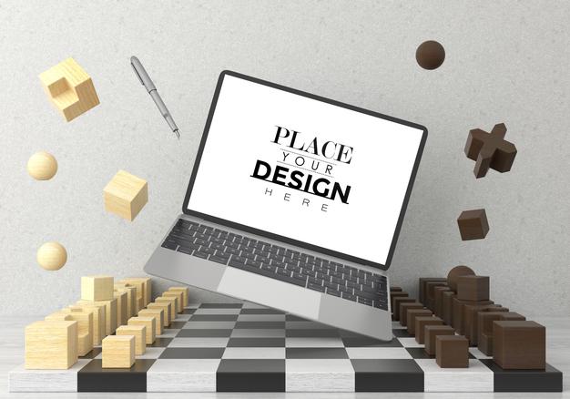 Laptop On Desk In Work Space Psd Mockup Psd