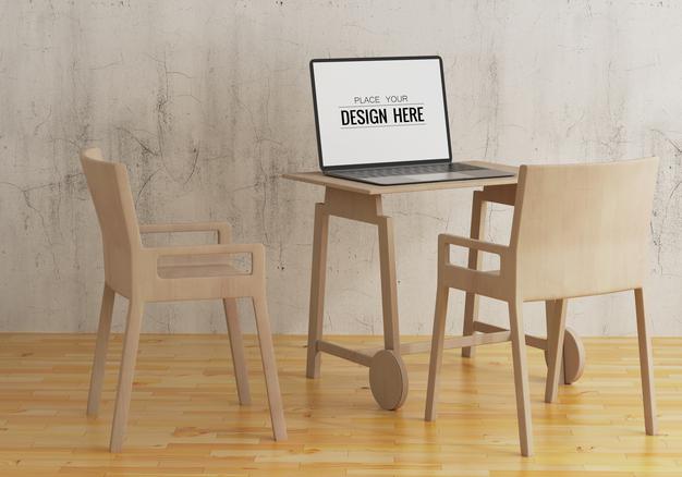 Laptop On Desk In Work Space Psd Mockup Psd