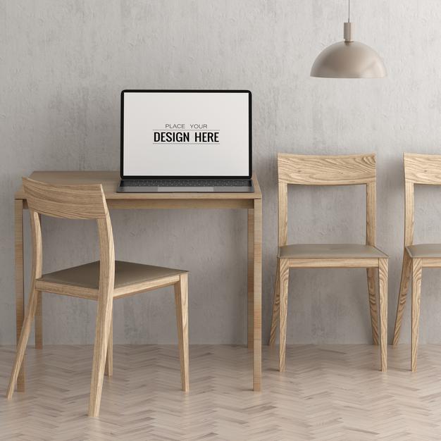 Laptop On Desk In Work Space Psd Mockup Psd