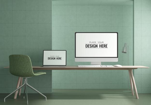 Laptop On Desk In Work Space Psd Mockup Psd
