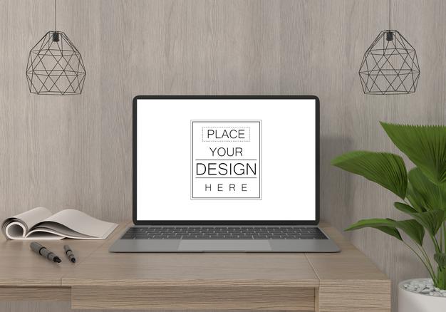 Laptop On Desk In Work Space Psd Mockup Psd