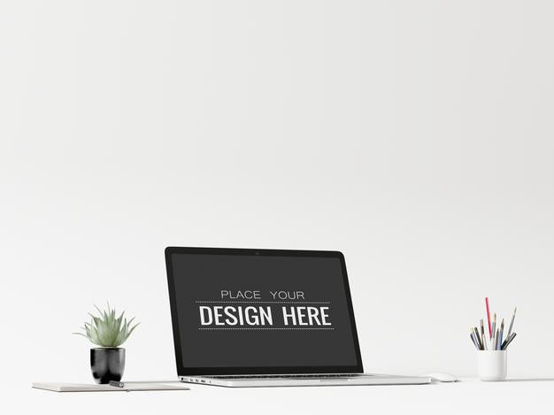 Laptop On Desk In Work Space Psd Mockup Psd