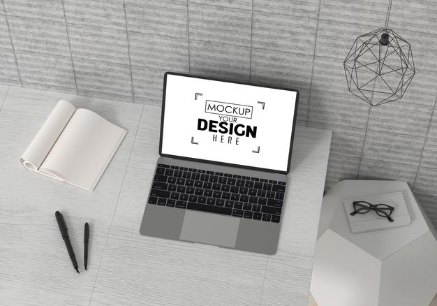 Laptop On Desk In Work Space Psd Mockup Psd
