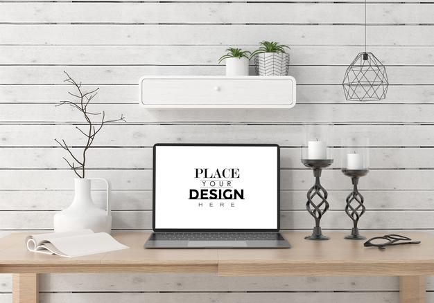 Laptop On Desk In Work Space Psd Mockup Psd