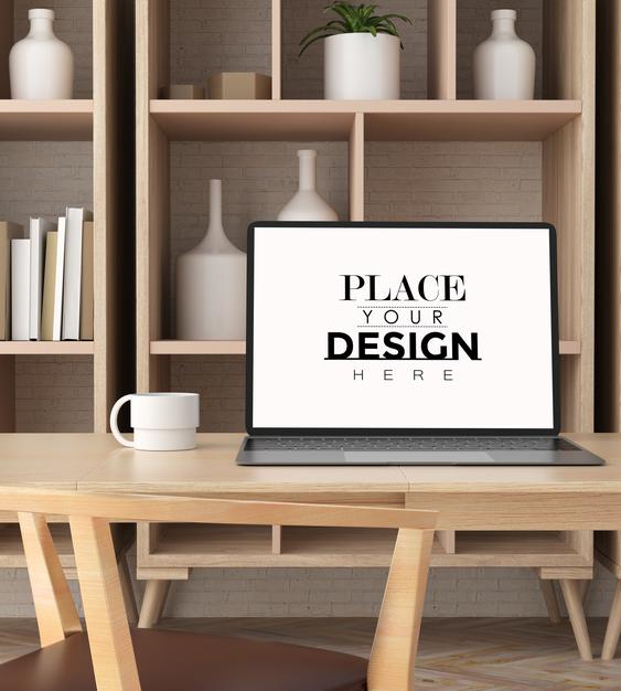 Laptop On Desk In Work Space Psd Mockup Psd