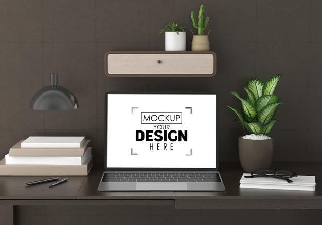 Laptop On Desk In Work Space Psd Mockup Psd