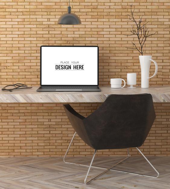 Laptop On Desk In Work Space Psd Mockup Psd